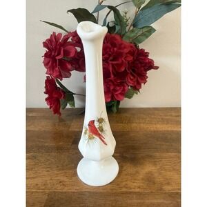 Fenton Milk Glass Hand Painted Cardinal Bud Vase Signed A Farley Vintage Milk